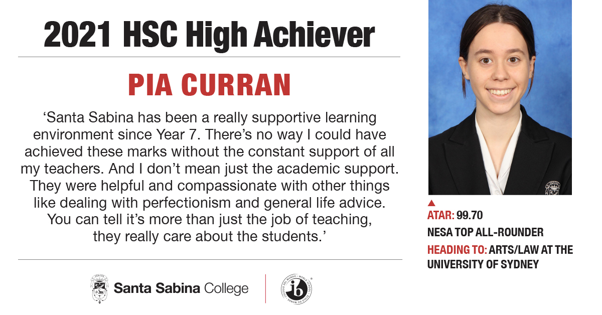 Congratulations to all our HSC students on their results received today! While we wait for all our ATARs to come through we would like to congratulate our HSC Dux – Pia Curran.