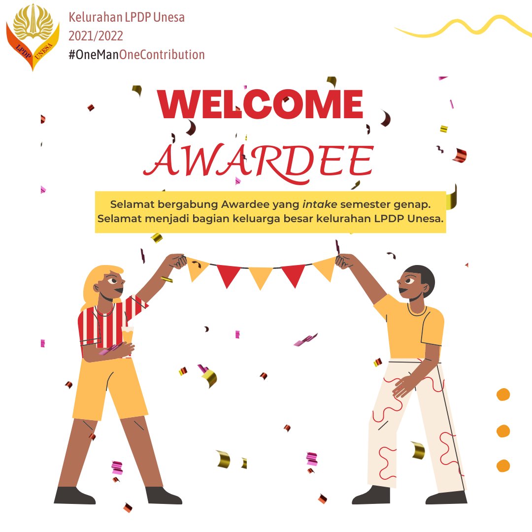 lpdp_unesa's tweet photo. *Welcome Awardee*

Kelurahan LPDP Unesa mengucapkan selamat kepada Awardee yang memulai intake di semester genap tahun ini. Semoga pengurusan administrasi dapat berjalan lancar. Kelurahan LPDP Unesa siap membantu.

#DiriuntukNegeri 
#lpdp_ri 
#lpdpunesa 
#OneManOneContribution https://t.co/LJQjgwcBGl