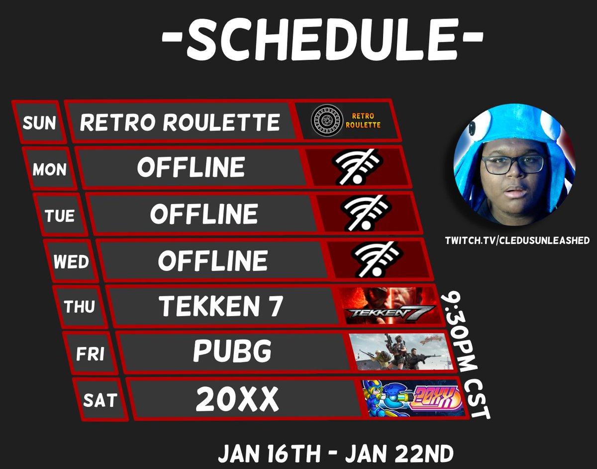 CledusUnleashed's tweet photo. Idk how I forgot to post this 
But here's my new schedule for the week
#schedule #twitch #TwitchStreamers #TwitchAffilate #cledus https://t.co/ljHJTnnGoJ