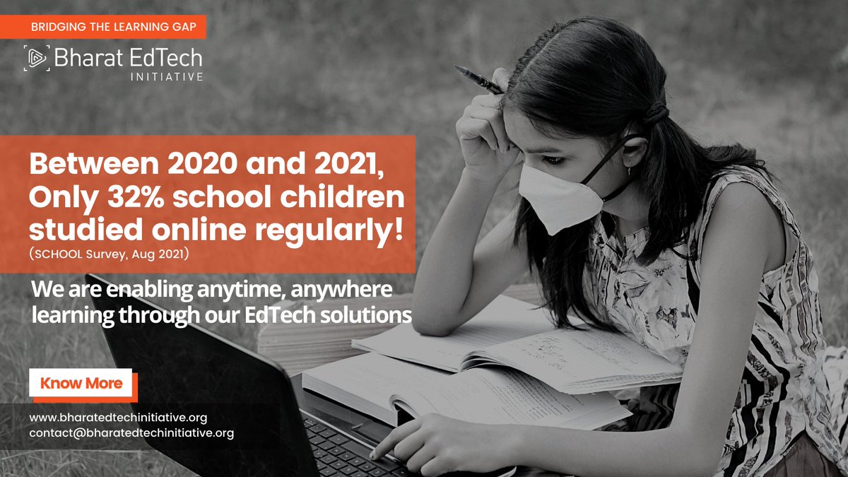 BharatEdtech's tweet photo. School Children's Online and Offline Learning (SCHOOL) Survey found that between March 2020 and August 2021 only 32% of #Indianstudents studied online "regularly." At #BEI, we are working to address this challenge through our #EdTechsolutions. Know more: https://t.co/lR3rlBStOy https://t.co/OFRrHdnPxk