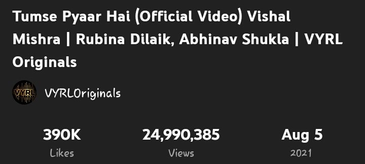 24.99M views in 168 days.

#TumsePyaarHai ft #RubiNav
#RubinaDilaik #AbhinavShukla

Tumse Pyaar Hai - youtu.be/MfgO3LZZIg4