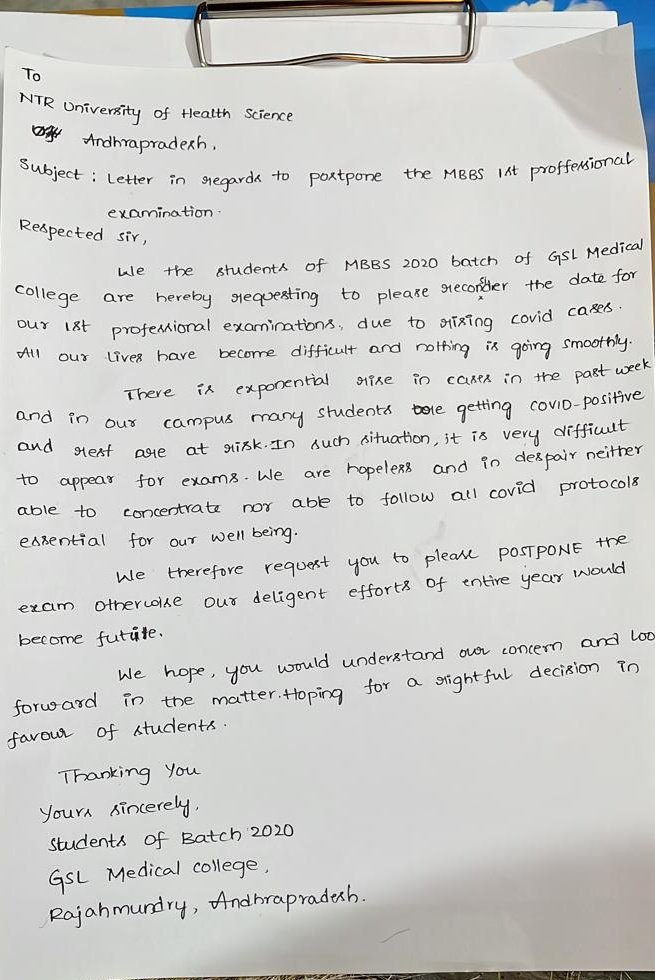 87Vamsi's tweet photo. Request from GSL,Rajahmundry MEDICOS to postpone mbbs exams in AP due to this pandemic situation 
Mentally and physically not ready to face that stress @official_aimsa
@PawanKalyan
@ysjagan 
@ncbn 
@TV9Telugu @PMOIndia 
Postpone mbbsexams
#postponembbsexamsAP
#postponembbsexamsAP https://t.co/mT2bZufwdg