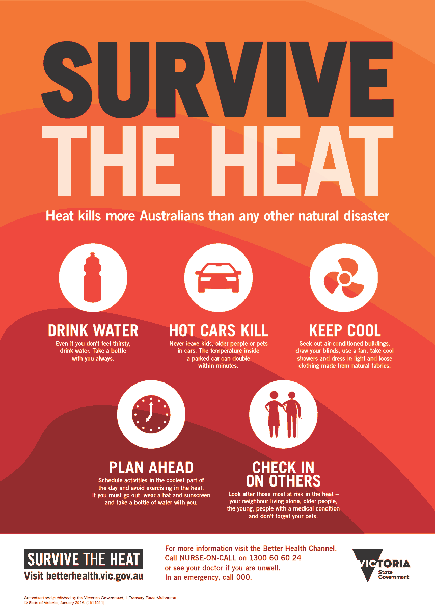 IPCHealth_au's tweet photo. Survive the heat with these 5 tips:

🟡 Drink water
🟡 Avoid hot cars
🟡 Keep cool
🟡 Plan ahead
🟡 Check in on others

#survivetheheat #heatwavehealth #hotspots #summersurvival @BetterHealthGov https://t.co/Qxxlcs1RJ5