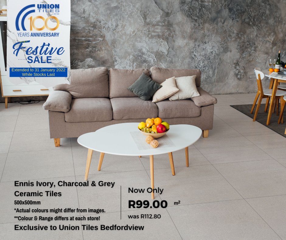 uniontiles's tweet image. Union Tiles Bedfordview have cut the price on the Ennis Ivory, Charcoal &amp;amp; Grey 500x500mm Ceramic Tiles, get it for just R99pm2 at the Union Tiles EXTENDED Festive Sale - until 31 Jan, while stocks last.

🇿🇦 👉uniontiles.co.za/specials/

#uniontiles #festivesale #tilesonsale #tiles