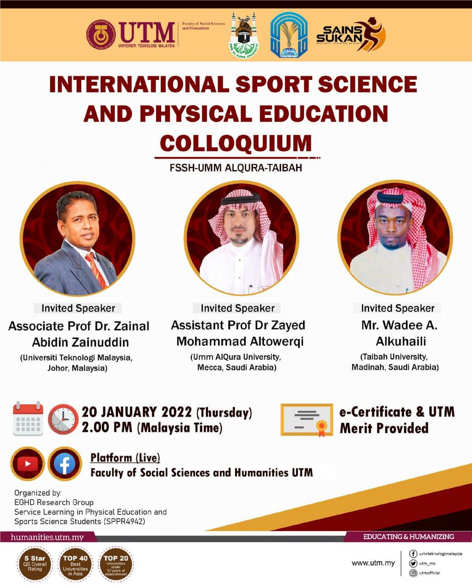 Wadee53040229's tweet photo. Greetings to all ✨✨

EGHD Research Group &amp; Service Learning in Physical Education and Sports Science Students (SPPR 4942) would like to invite you to International Sport Science and Physical Educational Colloquium.

We are glad to welcome all the students to join us! https://t.co/yLtNOZz0s5