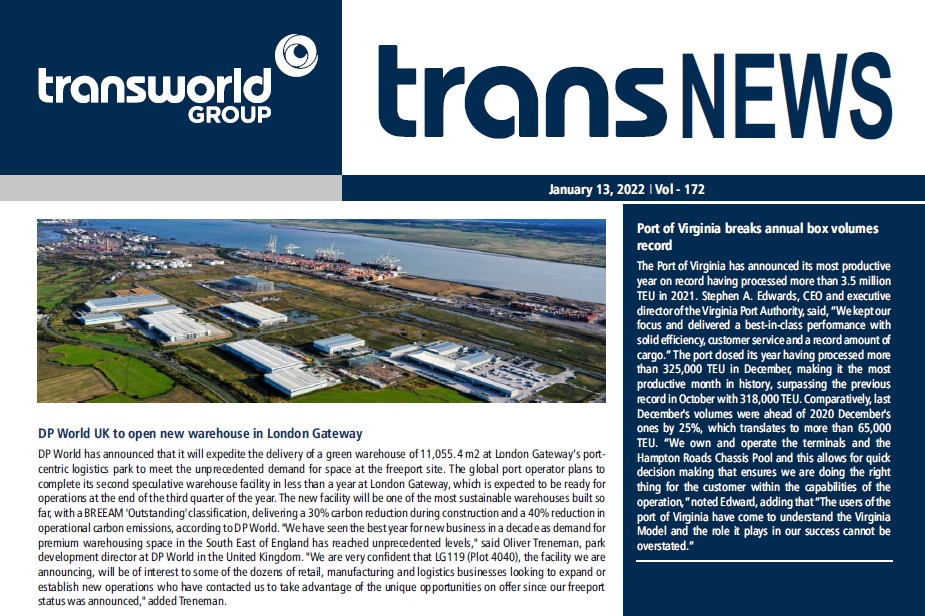TransworldTweet's tweet photo. #ShippingNewsUpdates - #DPWorld UK to open new warehouse in #London Gateway | Port of #Virginia breaks annual box volumes record | #India mulls ships to run only on green energy.
Read more such #Shipping & #Logistics #News here: https://t.co/X4WUzuyyRF
#TransworldGroup #TransNEWS https://t.co/vTAwWGW8gn