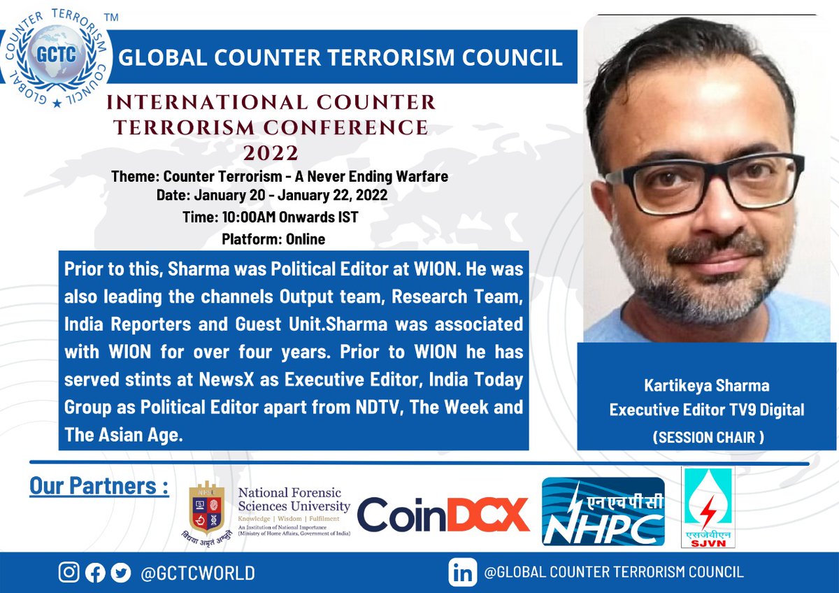 #GCTC is honoured to have Mr Kartikeya Sharma for Session chair at the International Counter Terrorism Conference 2022. 
@kartikeya_1975

@adgpi @indiannavy @HQ_IDS_India
#counterterrorism #terrorism #globalcooperation #globalsecurity #cryptocurrency #MLTF #terroristfinancing