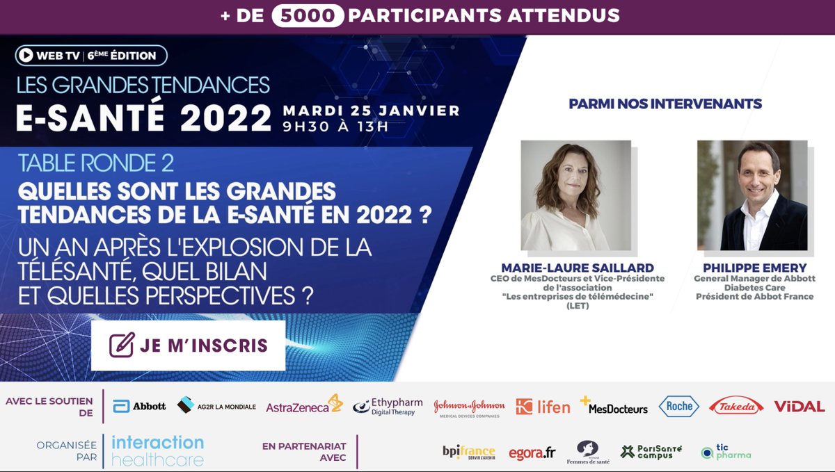 [J-6] "Un an après l'explosion de la télésanté, quel bilan et quelles perspectives ?", table-ronde lors de la conférence "Les grandes tendances de la #Esanté 2022" de Interaction Healthcare <a href="/digitalsante/">Interaction Healthcare</a> ce mardi 25 janvier

📌 : linkedin.com/posts/jeromele… #Telemedecine #hcsmeufr