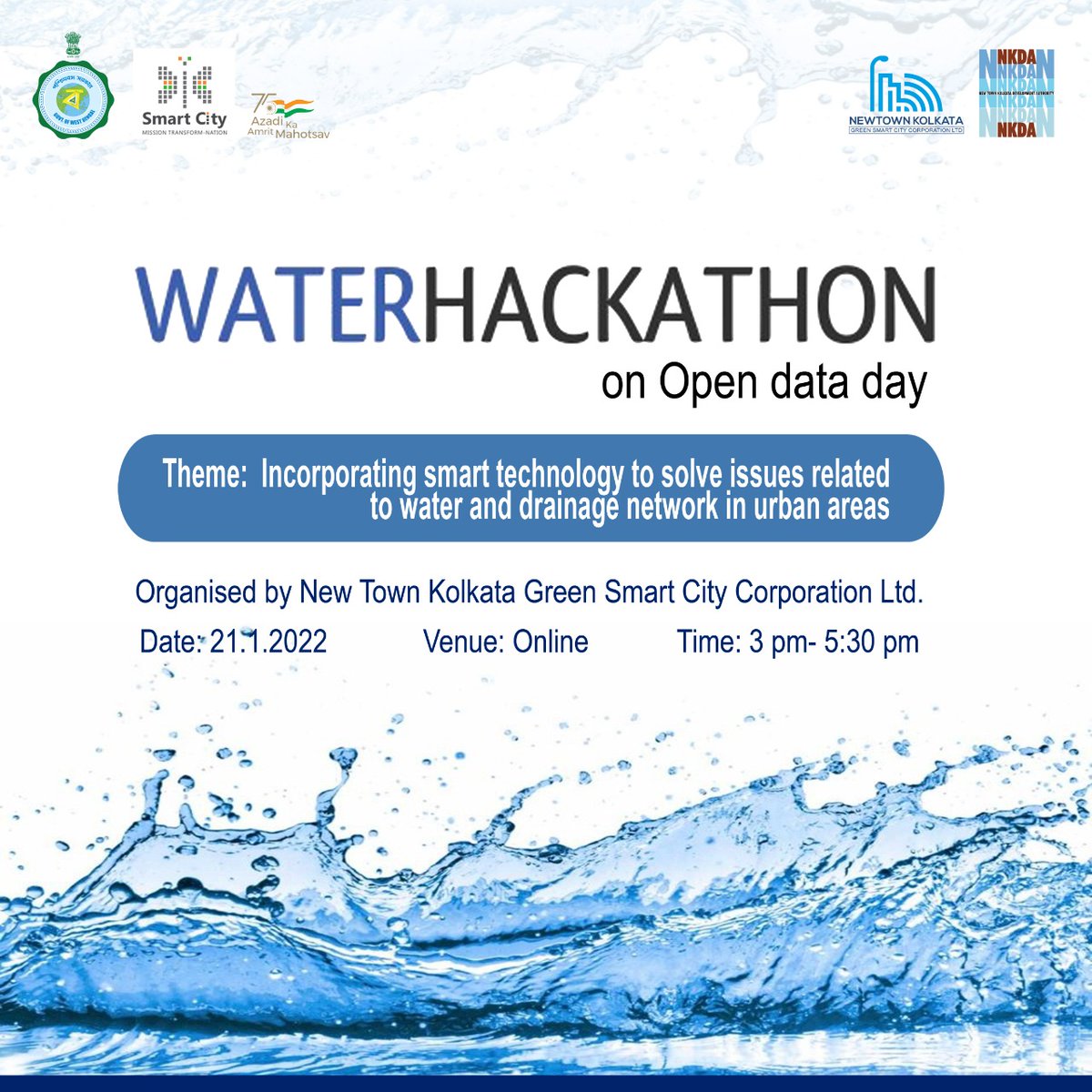AmritMahotsav's tweet photo. Hope to see you all at our online #Waterhackathon to discuss solutions for water and drainage network in urban areas.
🗓 21 Jan 2020
⏰ 3:00 pm to 5:30 pm 💧🚰
#NewIndia #AmritMahotsav #OpenDataWeek #MainBharatHoon @SmartCities_HUA https://t.co/NnEROHWobL