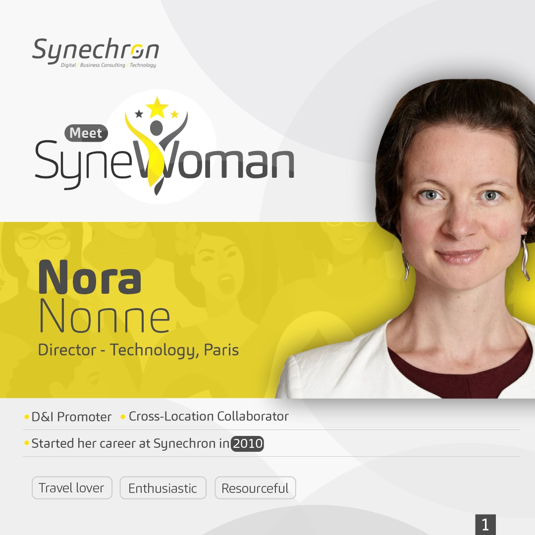 Synechron's tweet photo. Meet our special #SyneWoman, Nora Nonne, Director—Technology, Paris. By day, this experienced Project Management pro and problem-solver is focused on building efficient teams and global collaboration. She is delivery-oriented, and enjoys travelling and lyrical singing. See more: https://t.co/L7A8eB8mLS