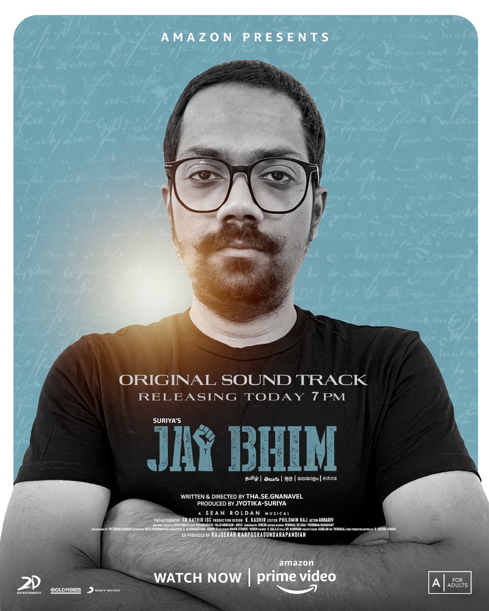 I am elated to announce that #JaiBhim Original soundtrack will release today at 7 pm ❤️ @Suriya_offl @2D_ENTPVTLTD @SonyMusicSouth @PrimeVideoIN @tjgnan @saishravanam @AbbeyRoad @Prith_Official @rajsekarpandian