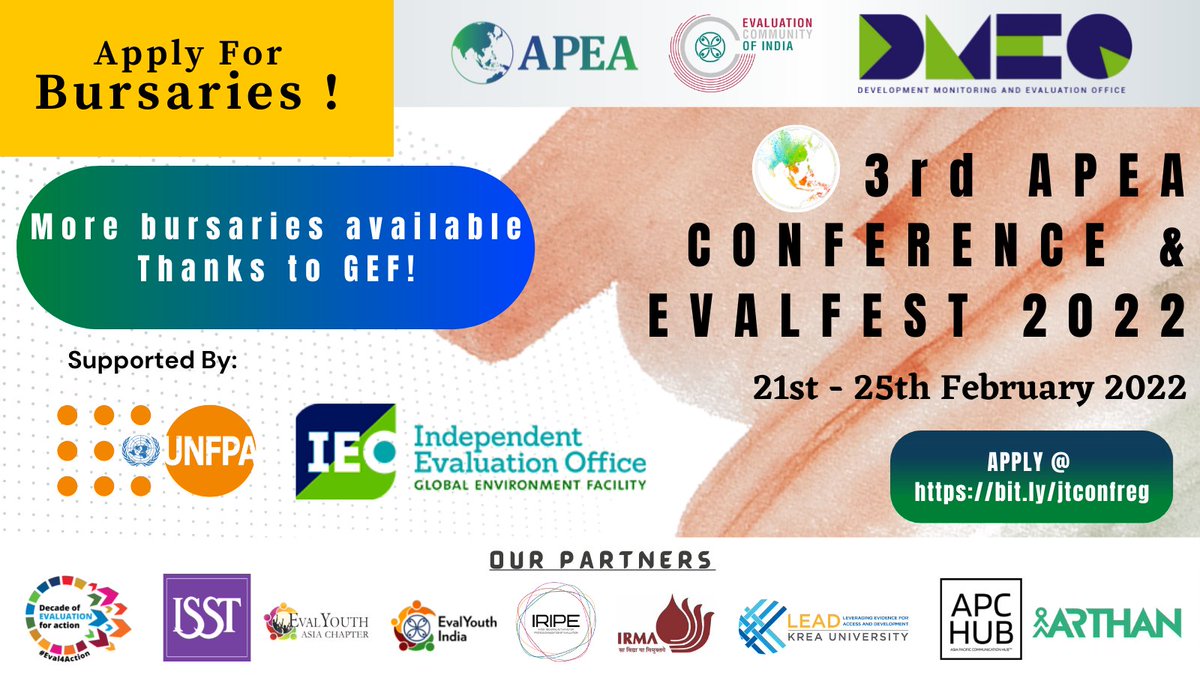More bursaries for the 3rd APEA Conference &amp; EvalFest 2022 are available, thanks to @gefieo_tweets

Submit your application here👉 bit.ly/jtconfreg

Info asiapacificeval.org/conference ecoionline.com

#JTConf2022 #Eval4Action #APCHub <a href="/unfpa_eval/">UNFPA Independent Evaluation Office</a> <a href="/Eval_Youth/">EvalYouth Global Network</a> <a href="/eval_gpf/">GPF for Evaluation</a>