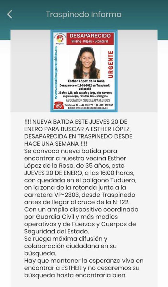 saramkup's tweet photo. Hoy a las 16:00 se convoca nueva batida coordinada por la Guardia Civil para encontrar a mi prima Esther o cualquier pista.
📍 Polígono Tuduero, rotonda junto a carretera VP-2303 , desde Traspinedo antes de llegar al cruce de la N-122.
📢 Ruego máxima difusión 📢 https://t.co/omVurihzIm
