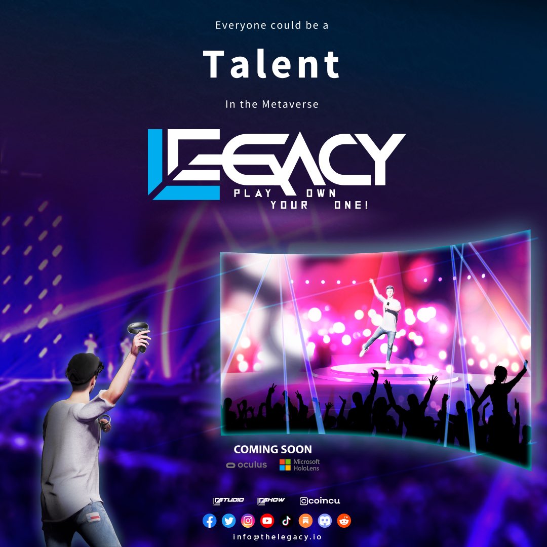 May I share with you a little bit about my next journey!
Welcome to The Legacy! thelegacy.io
🏆 🌟 👑 
"Everyone Could Be A Talent In The Metaverse"
#TheLegacy #Metaverse #VirtualIdol #MetaverseIdol #HappyJourney #VR #AR
Follow Social channels to get the latest update!