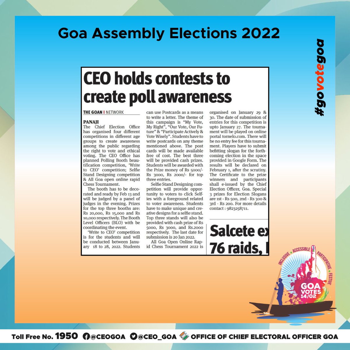 CEO_Goa's tweet photo. CEO Goa holds multiple contests for participants of different age groups to raise awareness on active participation and ethical voting in the upcoming Goa Assembly Election 2022.
#ContestAlert #GoaReadytoVote #GoVoteGoa #GoaElections #GoaElections2022 #YourVoteMatters #Goa #India https://t.co/RQaknak60S