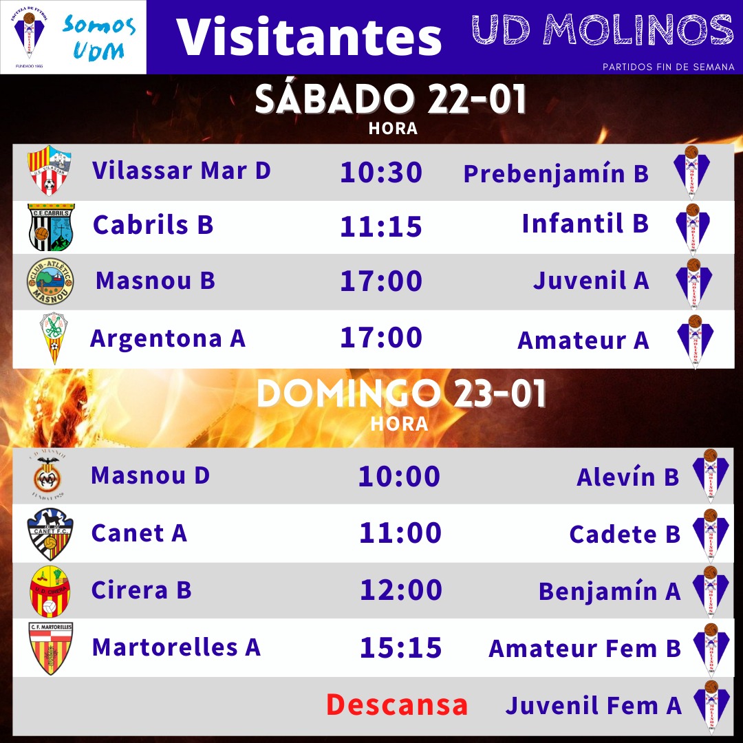 UDMOLINOS1965's tweet photo. Partidos de este fin de semana. Vamos UDM 1965!! Vamos U.D. Molinos!! https://t.co/PPhxgxKsh5