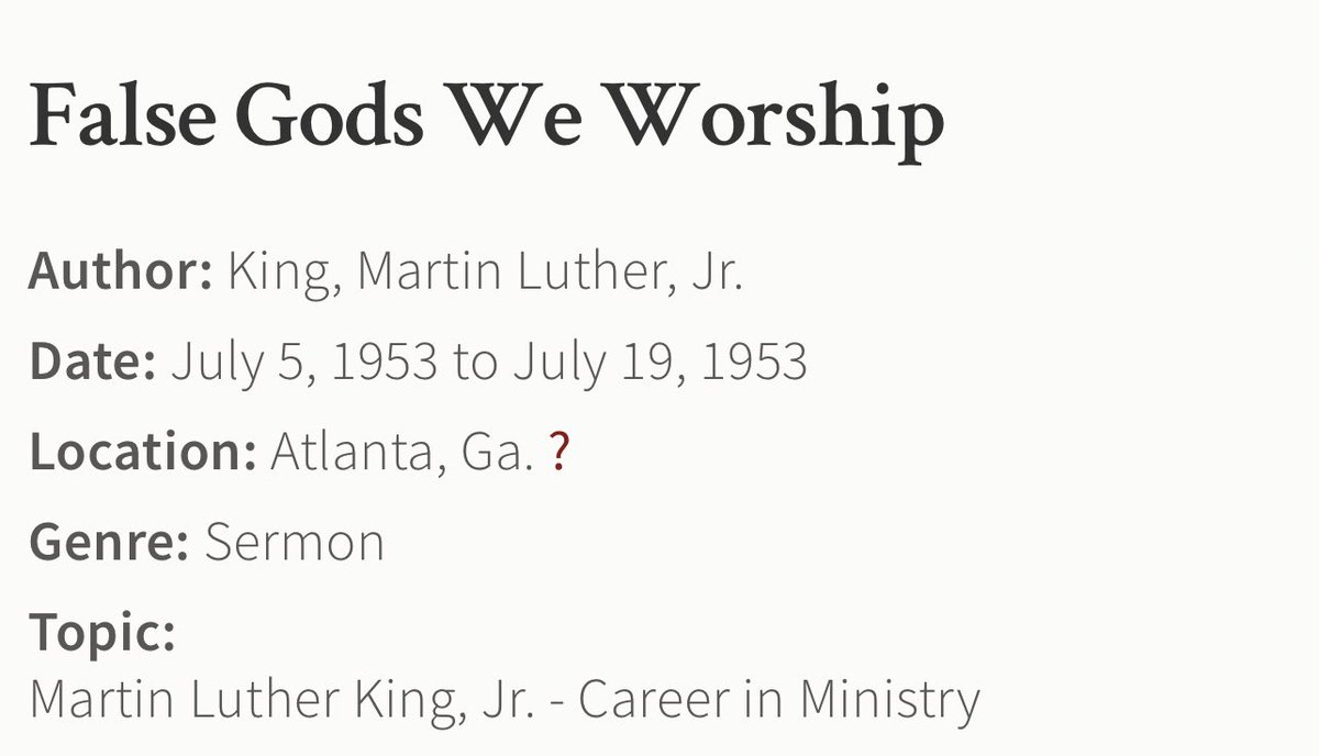 LeftSentThis's tweet image. ‘False Gods We Worship’: A series of sermons delivered by Dr. Martin Luther King Jr. (1953). 
kinginstitute.stanford.edu/king-papers/do…