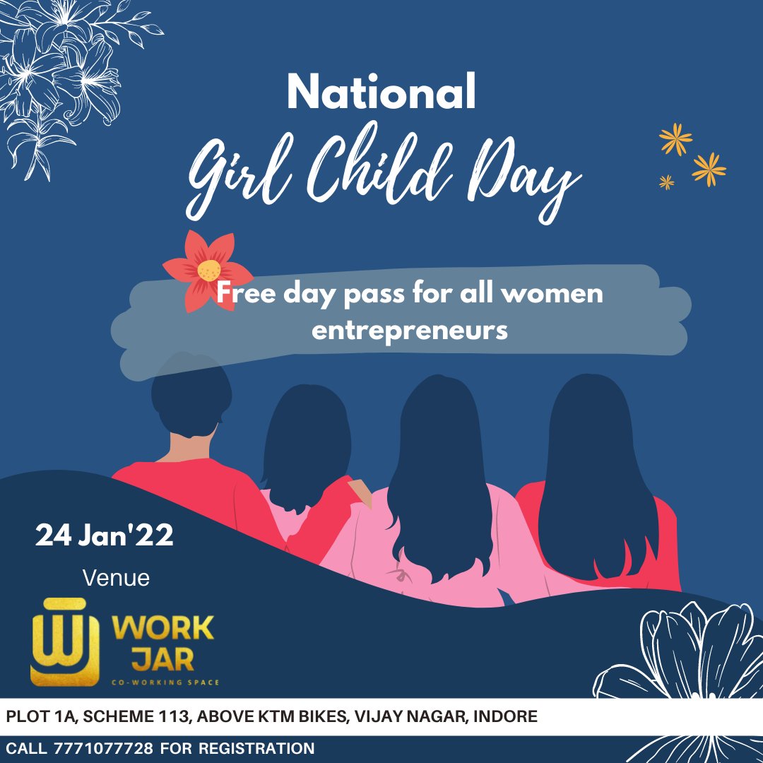the_workjar's tweet photo. Mark your calendars and celebrate womanhood with a day out at Workjar Coworking on the occasion of National Girl Child Day on 24th January! 👩‍👩‍👦

To celebrate, Workjar will provide a free day pass on 24th January to female members aged 18+ who are done with Covid vaccination. https://t.co/p6fzC62H5v
