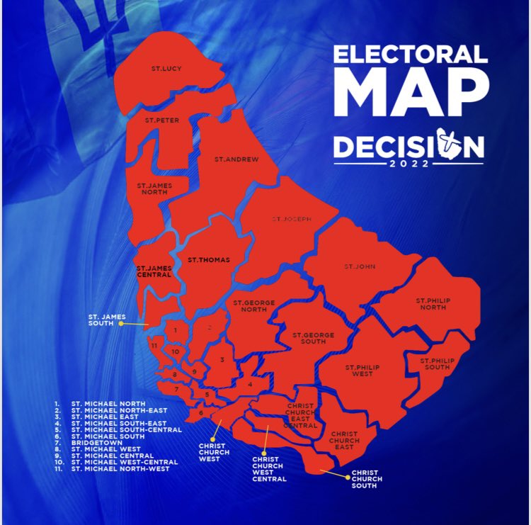 BarbadosToday's tweet image. The final result of the electoral map for the 2022 General Elections shows the Mia Mottley led Barbados Labour Party completing a clean sweep of all 30 constituencies. 

#BarbadosDecides2022 #Elections2022 #BarbadosVotes #BarbadosToday #Barbados #NewsYouCanTrust