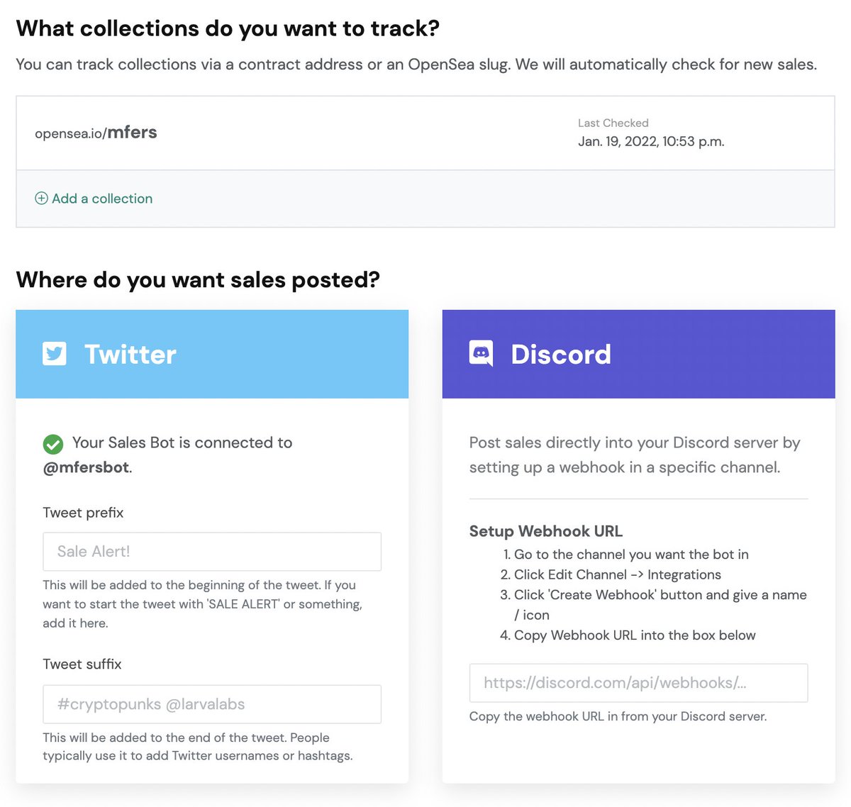This screenshot is the heart of <a href="/NFTSalesBots/">NFT Sales Bots - by BotFrens</a>. There are more settings, but being able to immediately post sales of a collection to Twitter and Discord with 2 mins of setup is the tool's bread and butter 🍞🧈