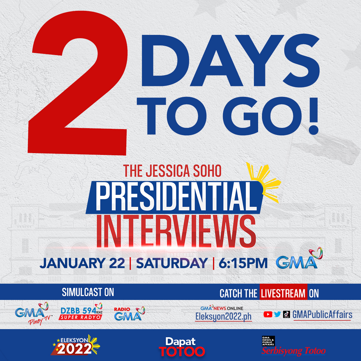 2 ARAW NA LANG!

Mapapanood na ang inaabangang pagharap ng presidential aspirants ngayong Sabado!

'Wag palampasin ang #JessicaSohoInterviews ngayong January 22, 6:15 PM sa GMA!
