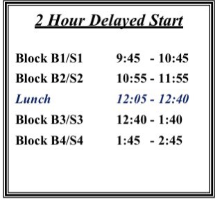 Good morning, Kadet Community!  Air Academy is on a 2-hour delay today due to the weather. Please drive safely on the way here. We start at 9:45AM.