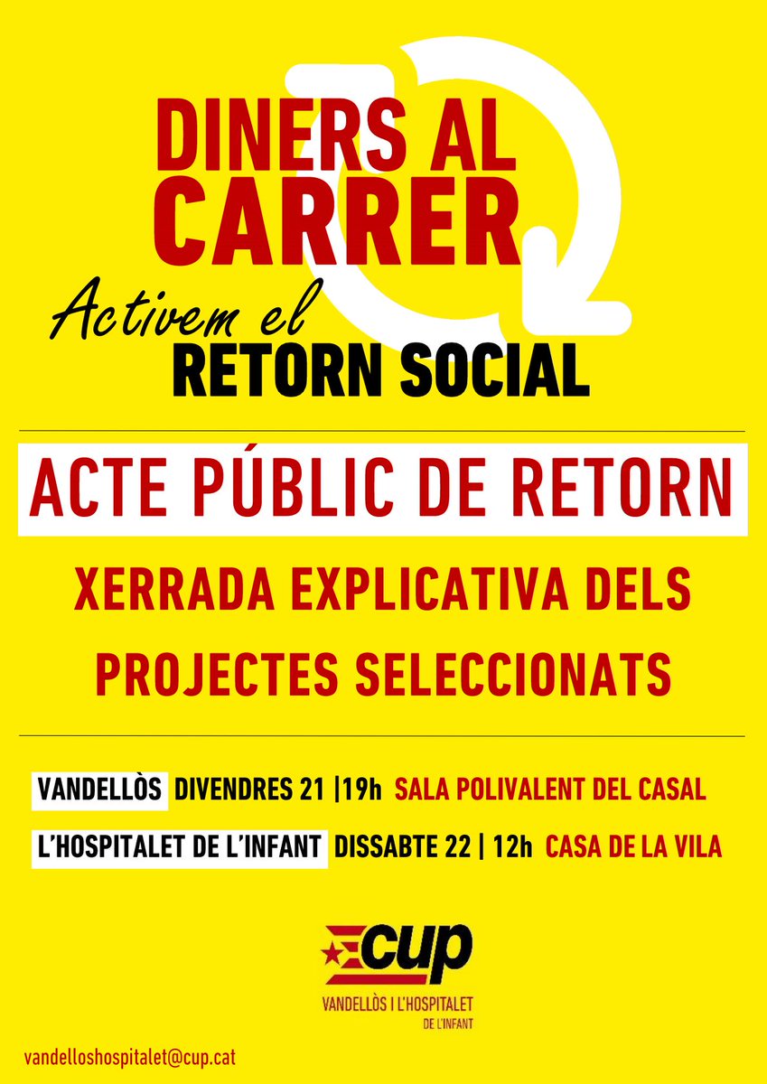 CupVH's tweet photo. Els actes de retorn social del projecte Diners al Carrer:
▶️Divendres 21 de gener a la Sala Polivalent del Poliesportiu de Vandellòs 19h
▶️Dissabte 22 de gener a la Casa de la Vila de l'Hospitalet de l'Infant 12h
#dinersalcarrer https://t.co/lUPhw4hLO7