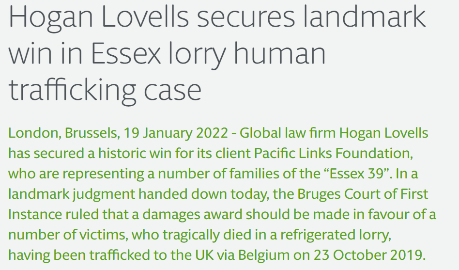 Following yesterday's judgement awarding damages to a number of the "Essex 39" victims' families read Dame Sara's comments on the importance of prioritising focus on proper financial investigation into #humantrafficking gangs bit.ly/3nH4jC5 <a href="/PacificLinks/">Pacific Links Foundation</a> <a href="/HoganLovellsUK/">PRUK</a>