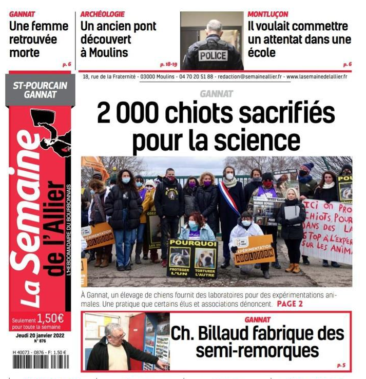 L'hebdo @lasemaineallier consacre sa une au rassemblement de #Gannat du 9 jan. devant l’élevage Marshall BioRessources de #beagles destinés aux pires pratiques d’expérimentation.
Avec <a href="/SandraKrief/">Sandra Krief</a>, exigeons le développement et la mise en place immédiate de méthodes non animales !