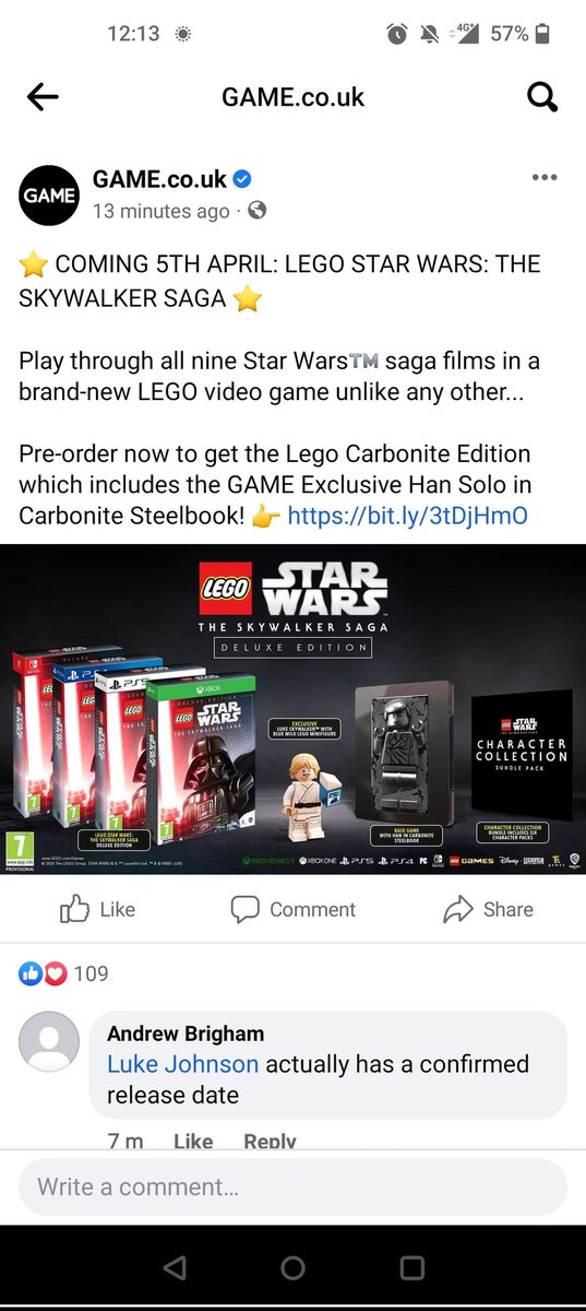 LukeJHull's tweet photo. Game messed up, now deleted post, it's finally coming 5th April #LegoStarWars #ps5 #skywalkersaga #game https://t.co/wSl2QbYP6x