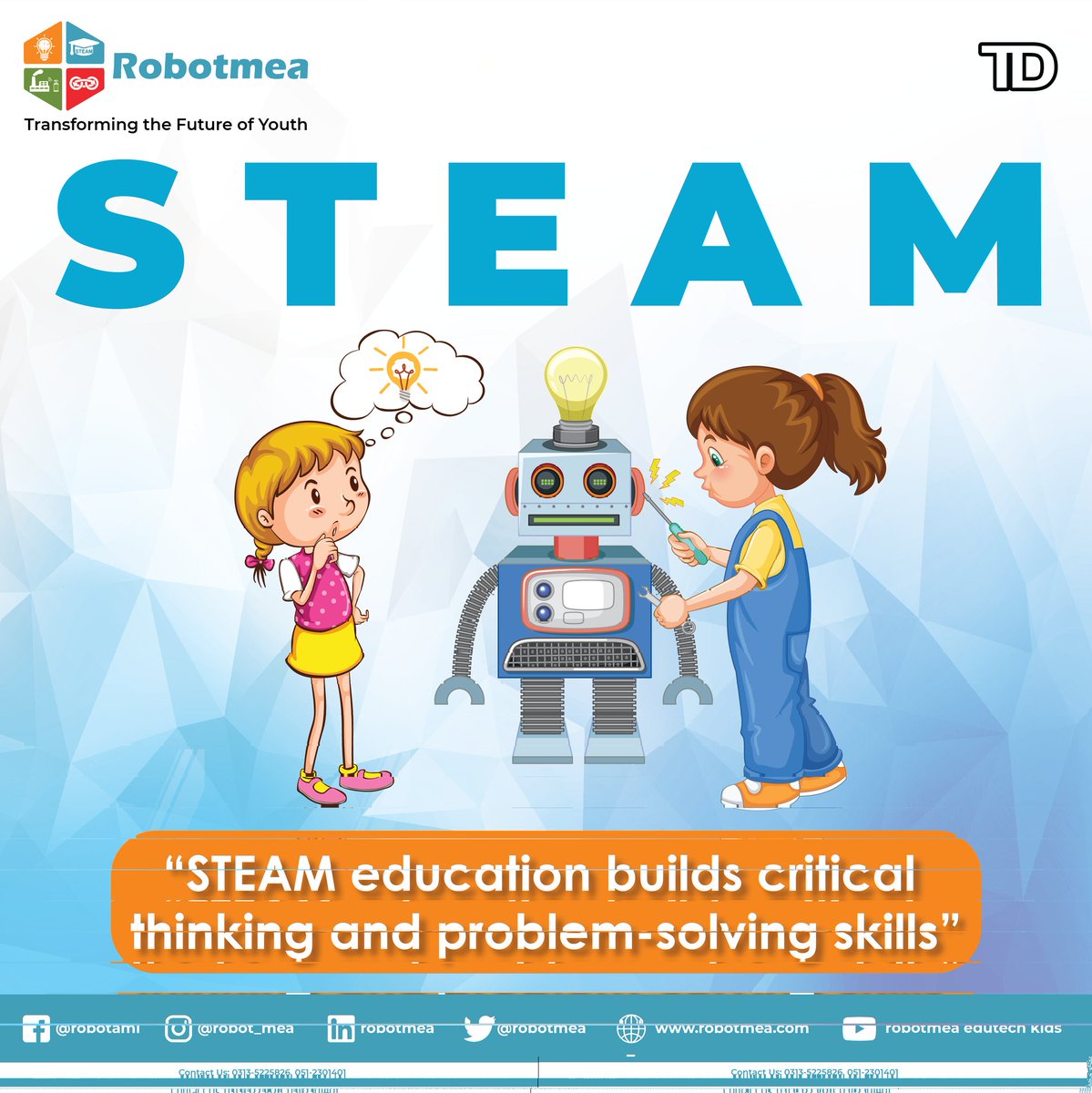 S.T.E.A.M Facts

#robotmea #education #technology #Robotics #thursdayvibes #STEAMeducation #STEAM #EducationForAll #COVID19 #STEAMfacts #facts #CriticalThinking #problemsolving https://t.co/6z4BNUL3tl