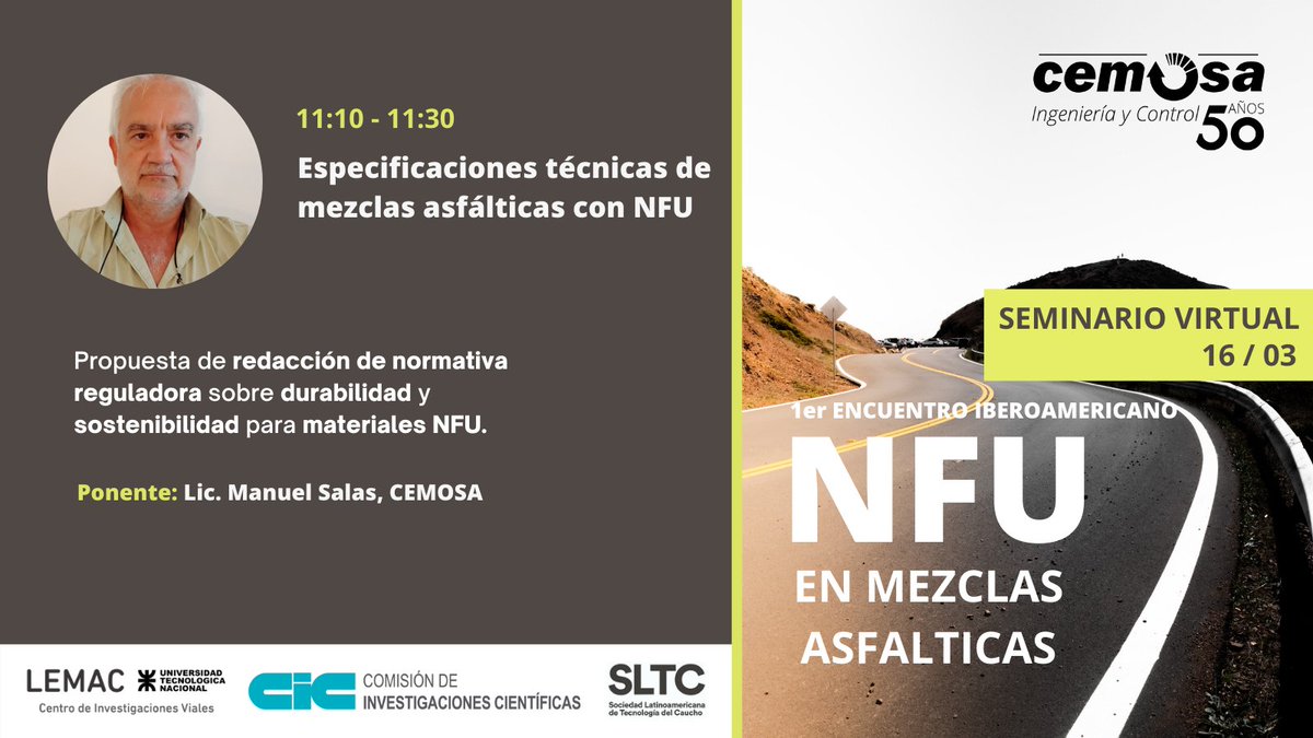 CemosaOficial's tweet image. Apúntate al 1º Encuentro Iberoamericano NFU de mezclas asfálticas organizado por el Ingeniero Gerardo Botasso enviando un email a NFU2022@gmail.com

📅Miércoles 16 de Marzo | 10:00 PM (Hora argentina)

#50añosCEMOSA #CemosaIngeniería #Controlcalidad #NFU #mezclasasfalticas
