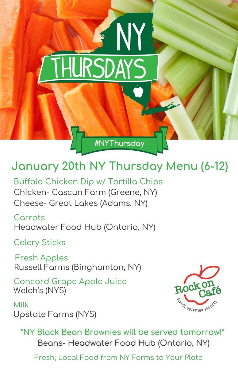 MECSDSpartans's tweet photo. It's #NYThursday! Here's the healthy and yummy menu for today. All food is from right here in Upstate NY.🥗🥕🍎 @Rock_on_Cafe @MECSDSpartans @BTBOCES_IP https://t.co/yGCB8cDsCf