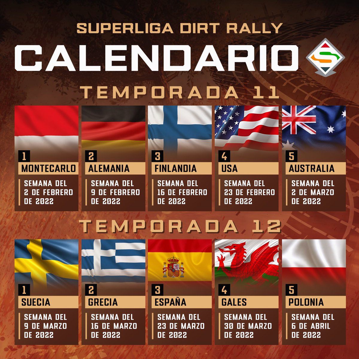Este es el calendario de las dos próximas temporadas de la #superligadirtrally de <a href="/AERO_esp/">AERO</a> . En la que hay 5 divisiones, división por Comunidades autónomas, clasificación por equipos. Multiplataforma. Las inscripciones no cierran, estáis a tiempo de uniros. #simracing #dirtrally