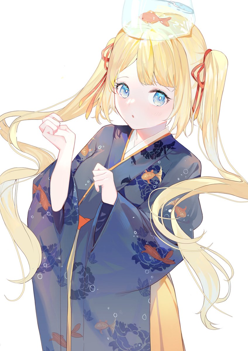 1girl blonde hair japanese clothes solo fish print kimono blue eyes  illustration images