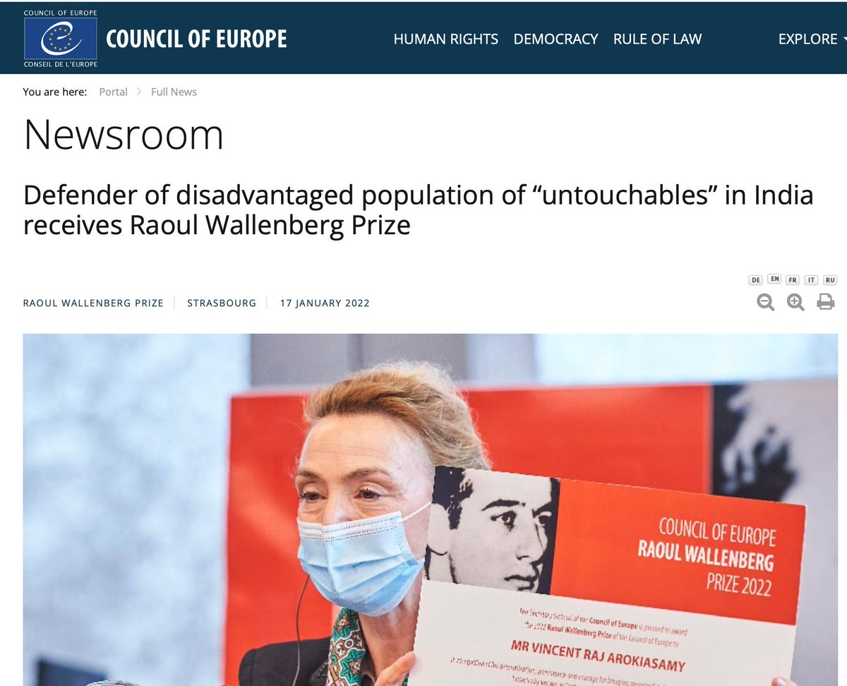 AnandAkash_BSP's tweet photo. Congratulations 'Arokiasamy Vincent Raj' for receiving the prestigious 'Raoul Wallenberg' Prize of the Council of Europe for extraordinary work towards the rights of the Dalits in India. #RaoulWallenberg https://t.co/BsOPoI7JNy