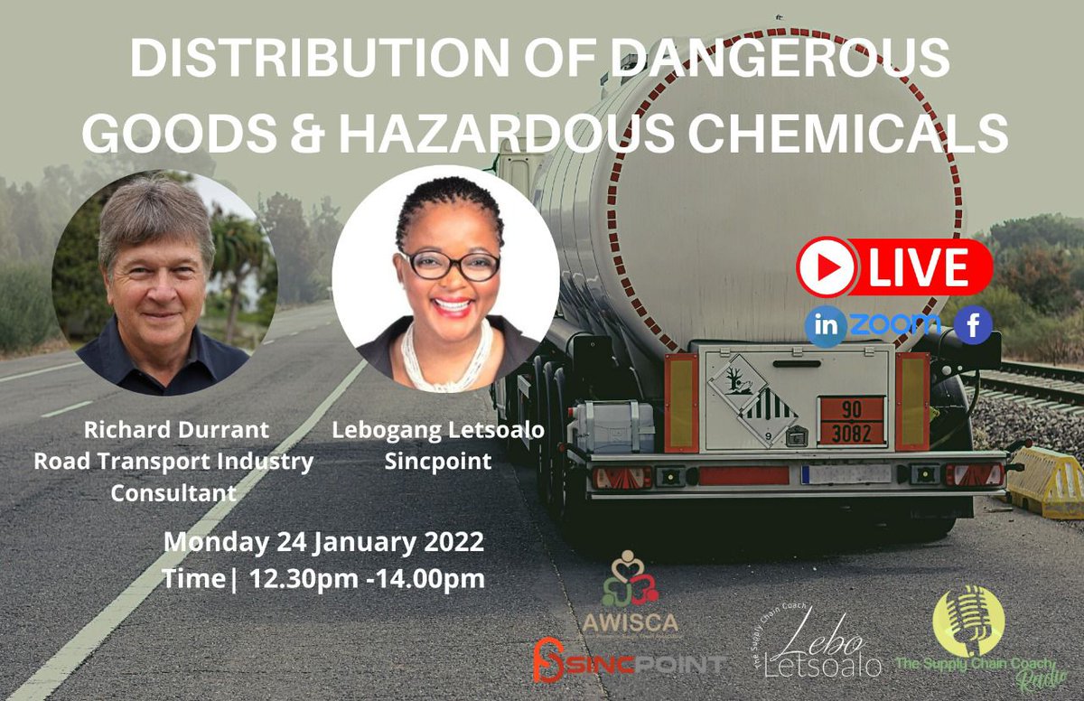 AWISCA1's tweet photo. The transportation of dangerous and hazardous goods poses several risks and challenges.⚠️❌ 
Join us with Richard Durrant as we unpack this topic.
Date :2️⃣4️⃣ January @ 12.30pm . 
Register below :
https://t.co/heD6Ombzbm 

 #matricresults2021 #MalemaRestaurantVisit https://t.co/54O67RBcHb
