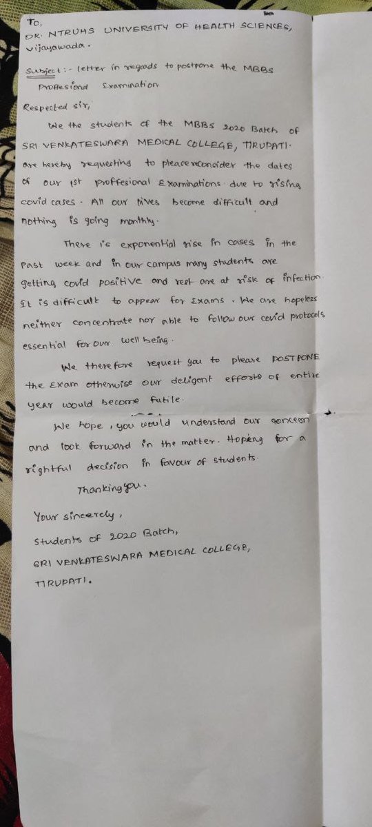 msapexams's tweet photo. Sir @AndhraPradeshCM @ysjagan the medical students in most of the colleges of #Andhrapradesh are requesting u to postpone 1st&amp;2ndyr MBBS exams as many of them are suffering with #COVID19 . Please consider the request of students in the form of letters by various colleges. #ntruhs https://t.co/v93s7zmmjS