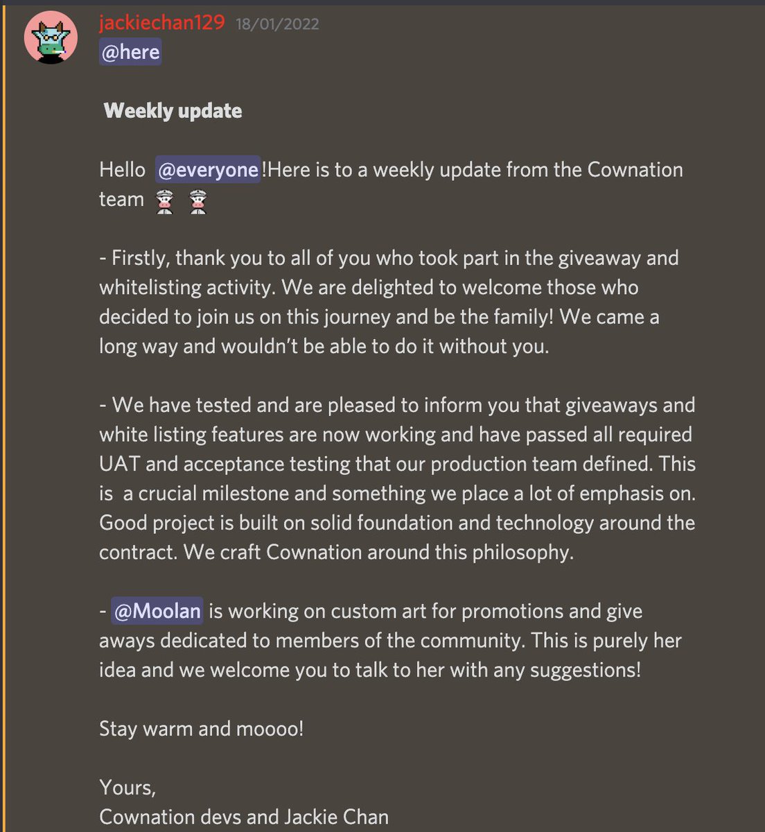 CowNation_NFT's tweet photo. Thursday is creeping up the doorsteps in America, while rise and shine hits Europe! Here's to a weekly update from our dev team.  Stay warm and Moo!

Join our discord channel for more.

#NFTCommunity 
#NFTGiveaway 
#NFTProject 
#Drop 
#dropnft 
#ThursdayThoughts 
#CownationNFT https://t.co/NyvvSBfDKA