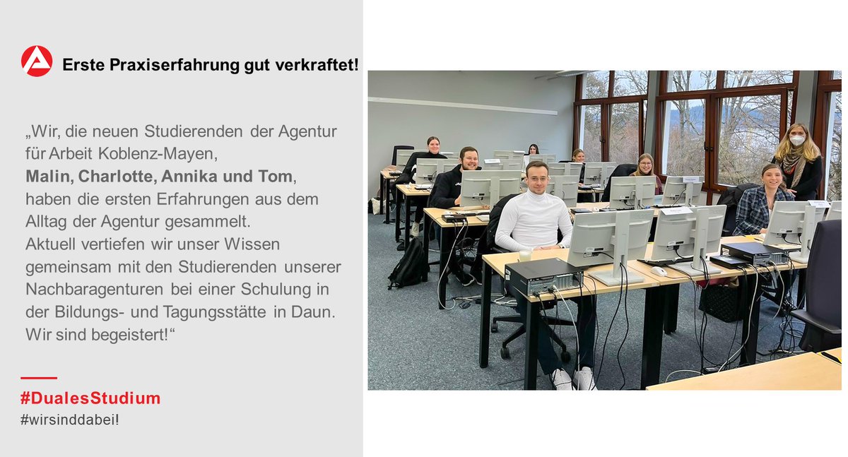 AA_KOMY's tweet photo. #Ausbildung oder #Studium bei der Bundesagentur für Arbeit.
Jetzt informieren: https://t.co/jf3EX9fXX1
Theorie und Praxis im #systemrelevanten Bereich.
#bringtweiter
@AA_Neuwied, @AA_Trier https://t.co/mNicmttGgc