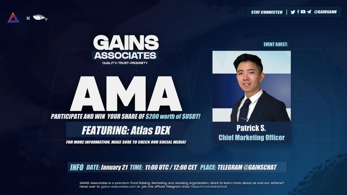 GainsAssociates's tweet photo. Welcoming Patrick from @atlas_dex — QUIZ &amp; AMA

Ask questions below and on Telegram (https://t.co/DcmemHrUYp) on 21-01-2022 at 11:00 UTC for a chance to win your share of $200 worth of $USDT

In order to win, RT this message, tag 2 friends &amp; follow 
@atlas_dex

#GainsAMA https://t.co/h2Mwae8puB