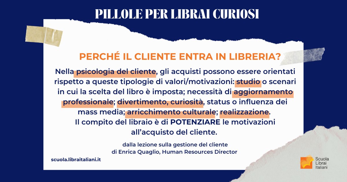 Un'altra💊Pillola del #Corso di Alta Formazione in Gestione della Libreria... Dalla lezione di Enrica Quaglio sul tema "La gestione del cliente".
#pilloleperlibraicuriosi #rapportocolcliente  #clientielibrerie #gestireunalibreria #scuolalibrai #corso2022 #corsoperlibrai