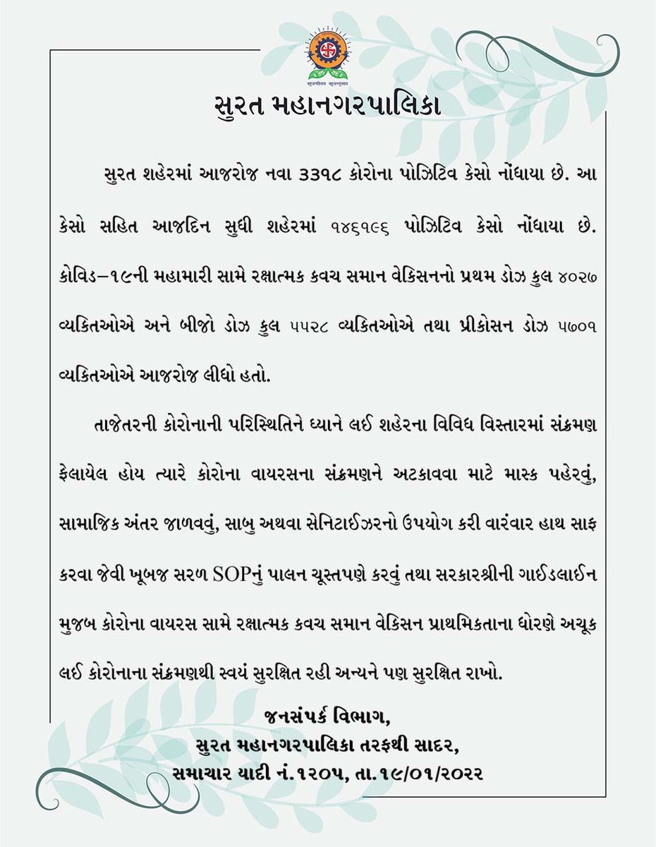 MySuratMySMC's tweet photo. સુરત મહાનગરપાલિકા દ્વારા શહેરનાં વિવિધ ઝોનમાં કરવામાં આવેલ કોવિડ નિયંત્રણ કામગીરીની વિગતો. #SafeSurat #CovidFreeSurat #CoronaKoHarana #COVID19
#CovidFreeSurat #mysmc #Surat #Pressnote #AskAMask https://t.co/hbtYG9nWeX