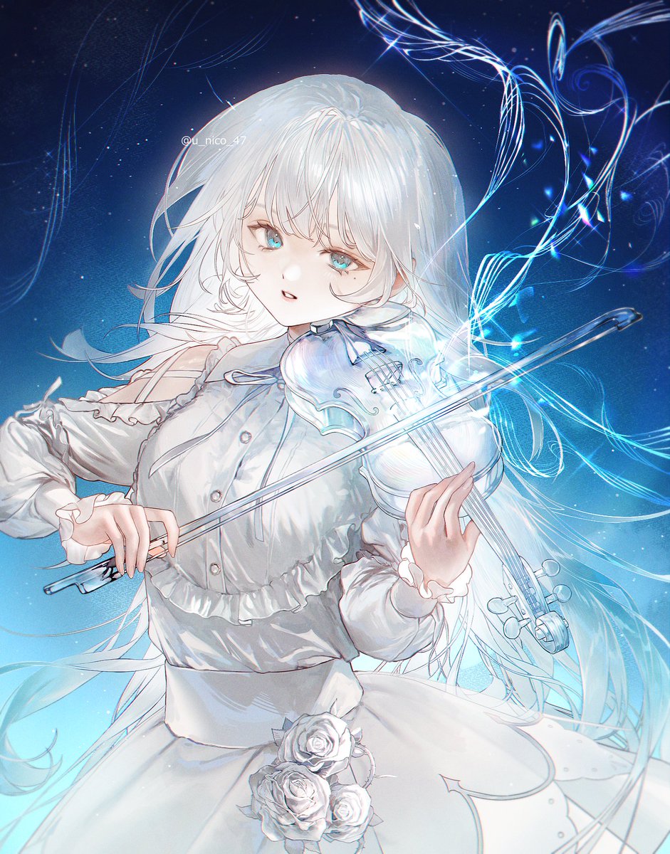 1girl violin instrument solo long hair dress music  illustration images