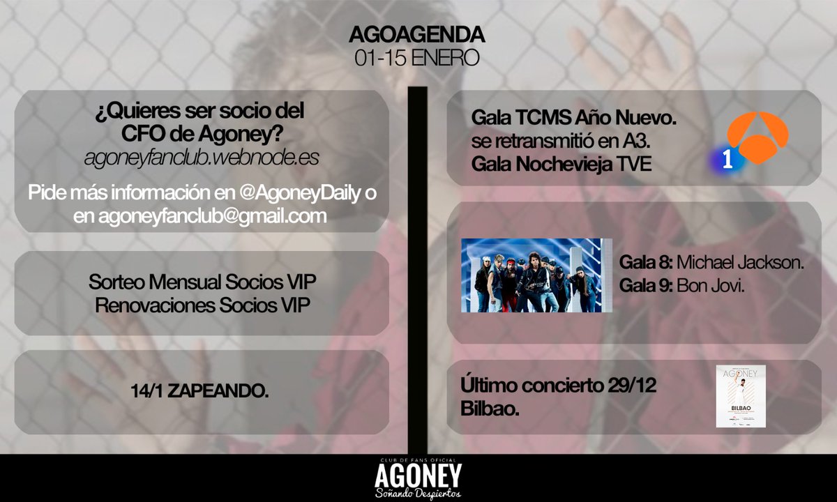 #AgoAgenda Del 1 al 15 de enero

✅ 14/1 Agoney en #Zapeando2019
🔗atresplayer.com/lasexta/progra…
✅ 1/1 #TCMSAñoNuevo
✅ Agoney en #TCMS Las galas
🔗antena3.com/programas/tu-c…
✅ 31/12 Gala #Feliz2022 TVE
🔗youtu.be/-LwyvkiKZTc
✅ #CFOAgoney ¡Únete a nosotrxs!
🔗agoneyfanclub.webnode.es