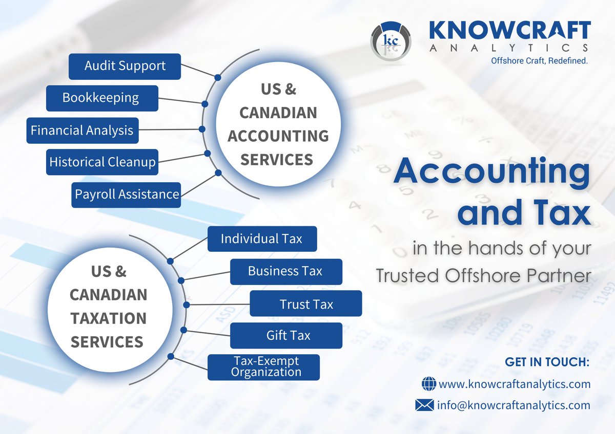Redefining outsourced US and Canadian accounting and tax offerings - to know more about our services, visit us at – knowcraftanalytics.com/index.php/serv…

#KnowcraftAnalytics #USAccounting #USTaxation #CanadianAccounting #CanadianTaxation #Outsource #Outsourcing #OffshoreCraft #Redefined