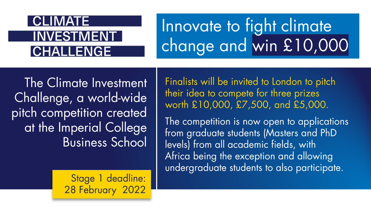 Time is running out to enter! #ClimateInvestmentChallenge calls on graduate students to develop & describe creative financial solutions & innovations addressing #climatechange. Ideas across all sectors, topics, & regions are NB! Info:  bit.ly/ClimateInvestC… | @ImperialCCFI