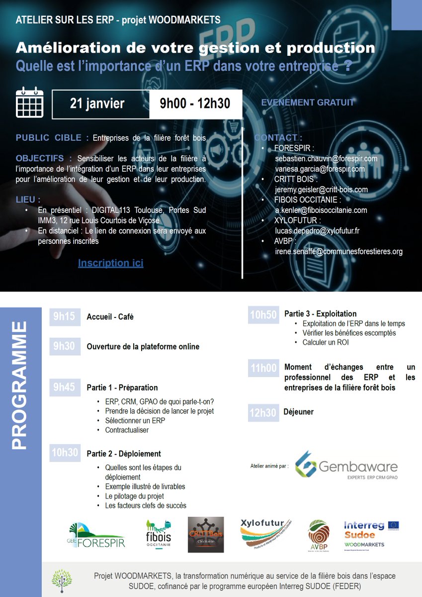 📍 Atelier WOODMARKETS

Les partenaires français de <a href="/woodmarkets_EU/">WOODMARKETS</a> s’associent pour proposer aux entreprises de la filière bois un atelier gratuit sur les ERP

📌Vendredi 21 janvier (9h30-12h30)
📍En visio - sur inscription 
💡INFO &amp; RESA 👉urlz.fr/hbXU