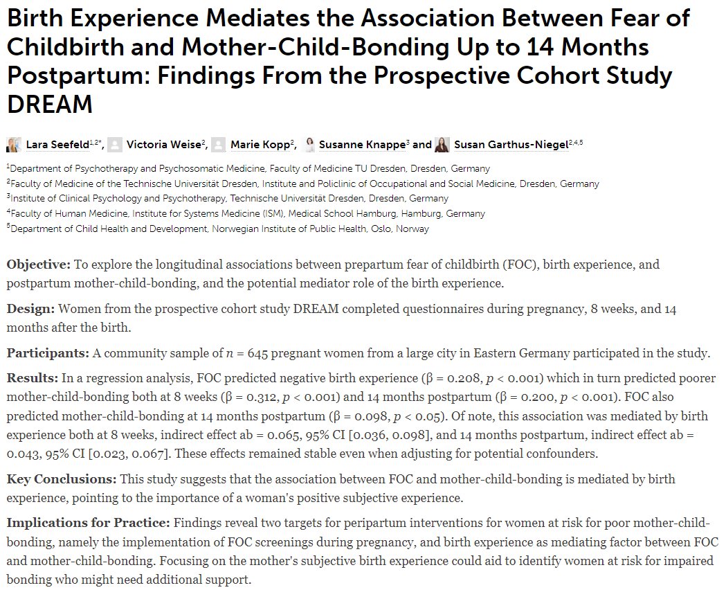 My first 1st author paper was published today! 🥳 Data from the #DREAMstudy suggest that the association between #FOC and #MotherChildBonding is mediated by #BirthExperience, pointing to the importance of a woman’s positive subjective experience. doi.org/10.3389/fpsyt.…