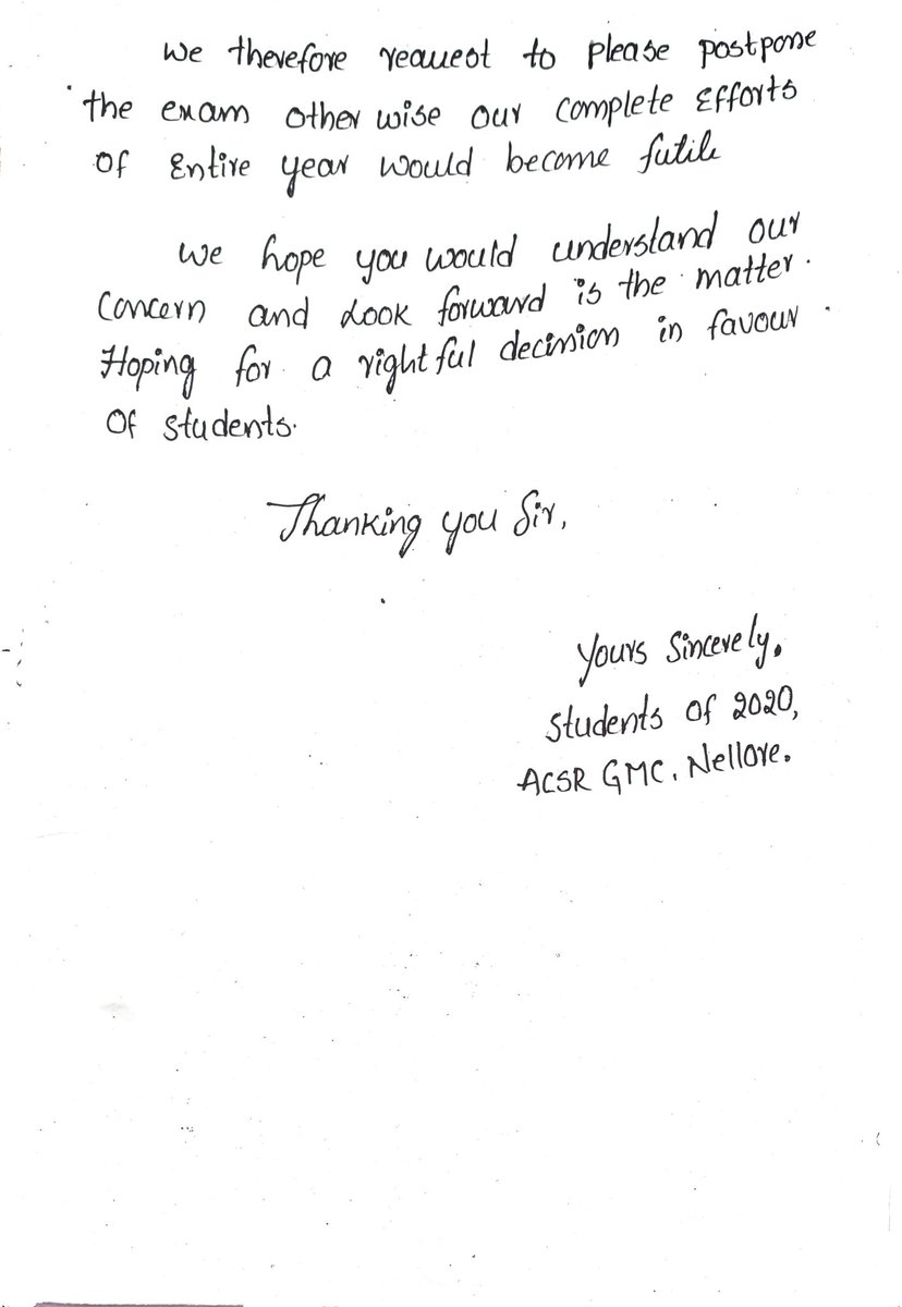 DevilMalle's tweet photo. @87Vamsi requesting letter to Dr ntruhs from students of 2020 batch from ACSR GMC Nellore regarding postponement of 1st mbbs https://t.co/Ermjd6svsu